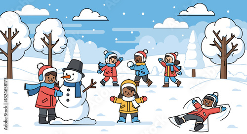 Children making snow angels and building a snowman in a joyful winter scene, enjoying snowy landscape and outdoor fun, celebrating the holidays with family and friends in a wonderland