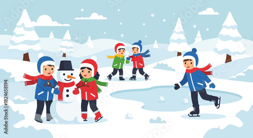 Cheerful children enjoy winter wonderland fun building a snowman, ice skating, and playing in the snow surrounded by snow-covered trees, creating a joyful holiday season scene