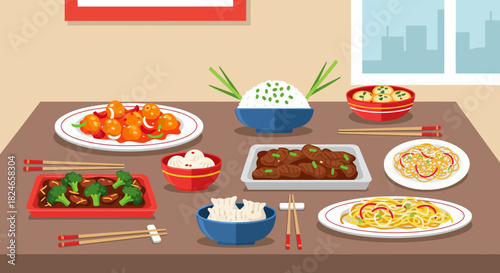 Delicious spread of diverse Asian cuisine with tasty noodles, fresh rice, flavorful dumplings, and savory beef dishes, perfect for food bloggers or restaurant promotions