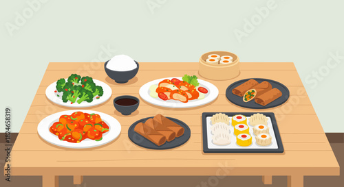 Delicious Asian cuisine spread with mouthwatering chicken dishes, spring rolls, steamed dumplings, and fresh vegetables on a wooden table, perfect for food blogs, restaurant menus, and culinary arts