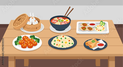 Delicious Asian cuisine assortment featuring steamed dumplings, flavorful ramen, vibrant fried rice, and crispy spring rolls arranged on a wooden table ready to be enjoyed for lunch
