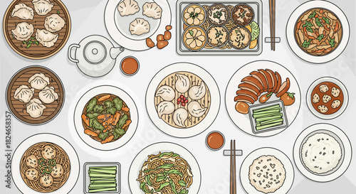 Authentic Asian cuisine featuring traditional dishes like savory dumplings, flavorful noodles, and perfectly roasted duck, inviting viewers to experience a vibrant culinary journey of Asia