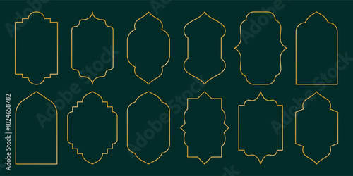 Arabic golden windows. Luxury islamic geometric frames with oriental mosque architecture modern ramadan kareem shiny frame design, retro oriental ornate borders. Vector set