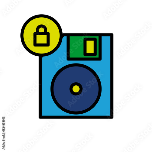 Storage Locked Disket Disk Blue Base Color Hard disk HDD SSD Memory Cloud Link Computer Icon Logo Floppy Line Art
