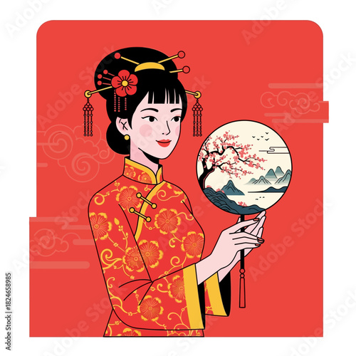 Celebrate Lunar New Year with a traditional Chinese woman holding an ornate fan showcasing blooming cherry blossoms and serene mountains, perfect for cultural events and festive designs