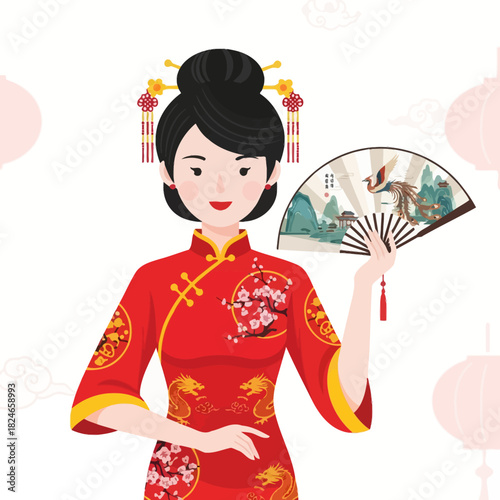 Elegant woman in traditional Chinese dress holding a decorative fan with a phoenix illustration, celebrating Lunar New Year with cultural richness and artistic flair for festive occasions