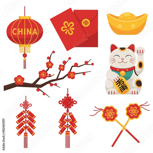 Celebrate Chinese New Year with festive icons for a joyous and prosperous holiday season, featuring lucky cats, lanterns, and traditional symbols