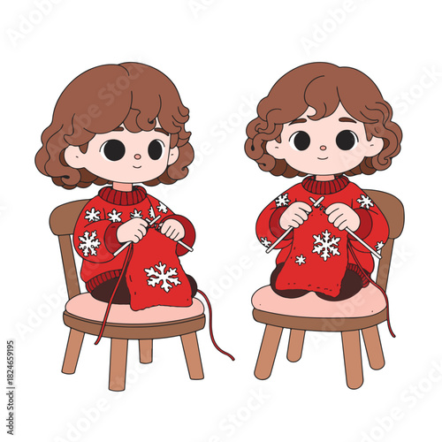 girls with curly brown hair, wearing matching red sweaters with white snowflake patterns, and sitting on wooden chairs while knitting
