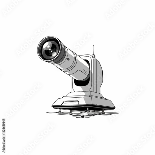 Monochrome line art illustration of a futuristic surveillance camera.