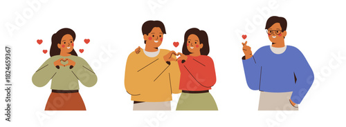 Happy people make heart shape by palms. Korean women and men show hands gesture of love and respect, kindness, relationship and friendship symbol. Vector illustration