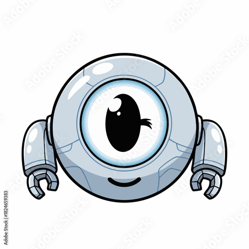 Cute One-Eyed Robot Character with Small Arms and a Smiling Face.