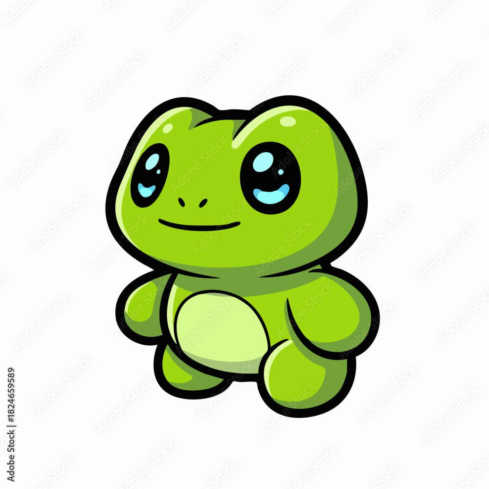 Obraz premium Cute green cartoon frog character with big shiny eyes.