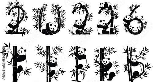 Creative 2026 New Year numbers typography with cute panda bears climbing bamboo stems, vector silhouette illustration for calendar design.