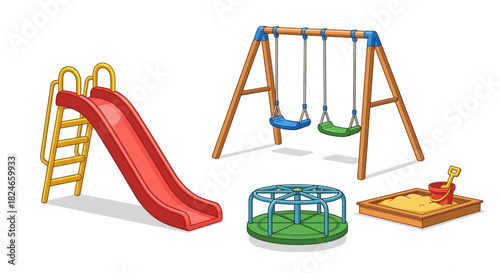 Playground set with slide, swings, merry-go-round, and sandbox offers a fun outdoor recreation area for children, promoting active play and social interaction