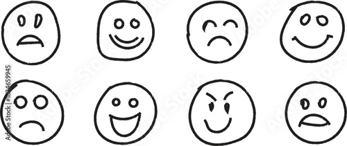 Collection of Different Hand Drawn Smiley Faces Showing Various Emotions