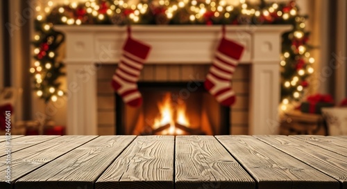 Cozy christmas fireplace with stockings and warm glowing lights.
