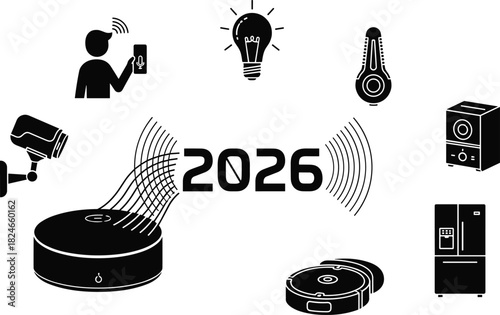 Future smart home technology concept for 2026, internet of things automation with appliance icons, security camera, and robot vacuum illustration.