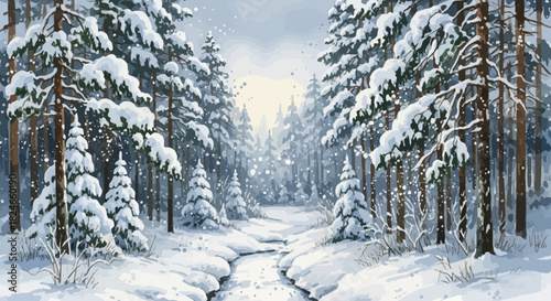 Enchanting winter forest scene with snow-covered trees and a gentle stream, perfect for holiday cards and seasonal promotions, offering a serene, peaceful vibe