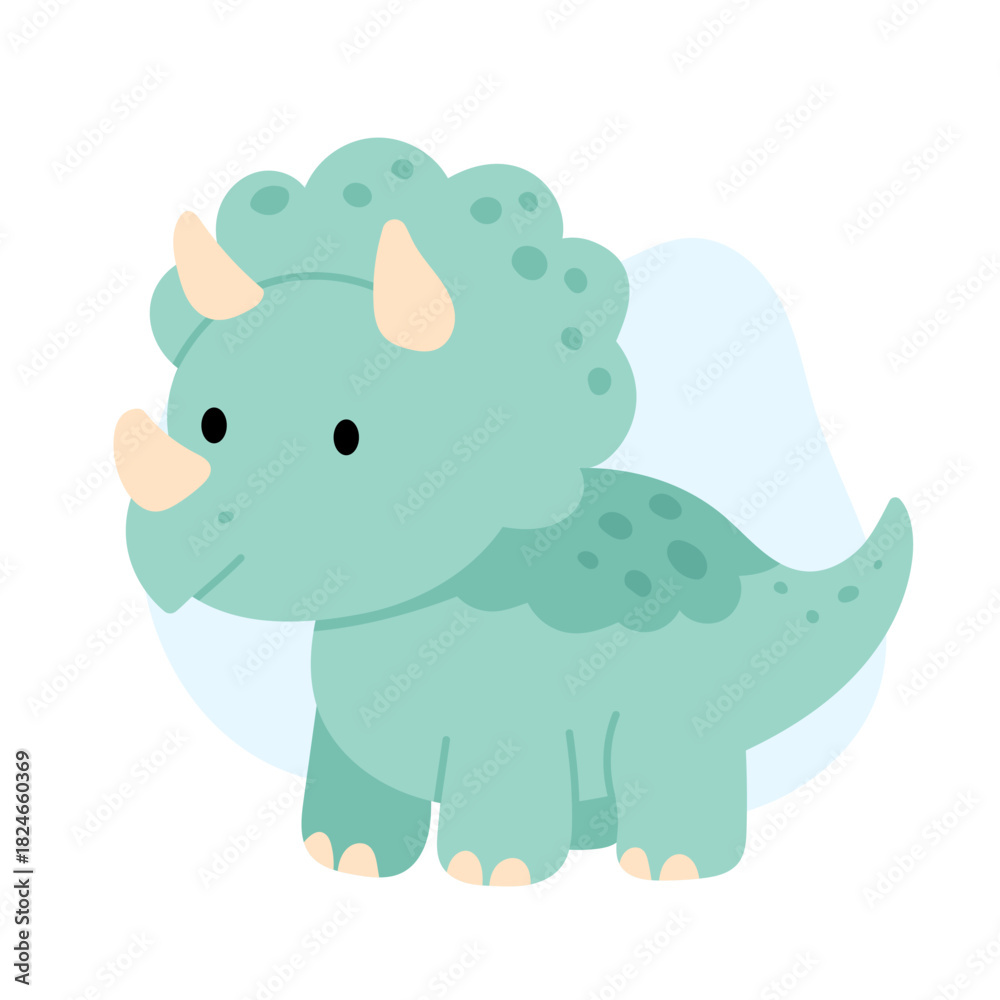 Naklejka premium Cute triceratops standing with calm expression, soft green body and tiny beige horns, triceratops illustration radiating warmth and innocence, perfect for kids designs and playful decor themes.