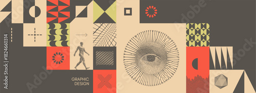 Art composition. 3D modelling of human body in virtual space. Geometric pattern. Eye. Crystal. Landscape background. Illustration for brochure, poster, cover, card, presentation, flyer or banner.