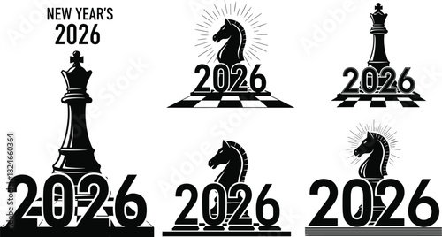 Happy New Year 2026 chess concept set, king and knight figures, strategy business planning, vector logo collection, monochrome illustration