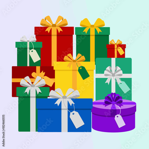 Colorful gift boxes stacked high, perfect for birthdays, holidays, or special occasions - bring joy and excitement to your designs with these festive presents and ribbon