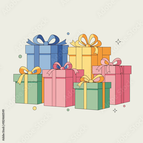 Delightful stack of colorful gift boxes with elegant ribbons, perfect for birthdays, holidays, and special occasions, evoking happiness and celebration, ready for your festive designs