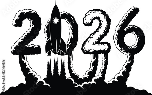 Rocket launch 2026 concept, black and white vector illustration of spaceship taking off, smoke clouds forming numbers for new year.