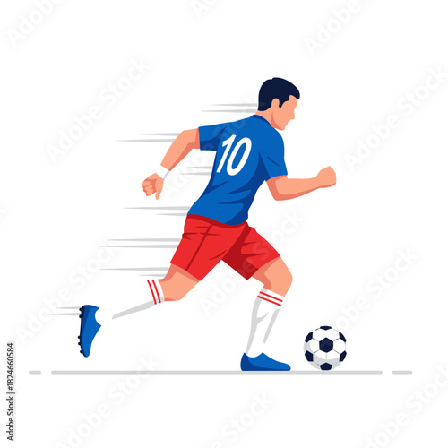 Dynamic soccer player sprints powerfully with the ball, ready for an exciting game, wearing team jersey, showcasing speed and agility, perfect for sports promotions and athletic themes