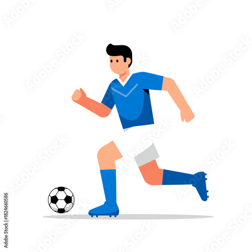 Dynamic soccer athlete sprinting to kick the ball in a competitive match, capturing energy and determination in a minimalistic style for sports marketing