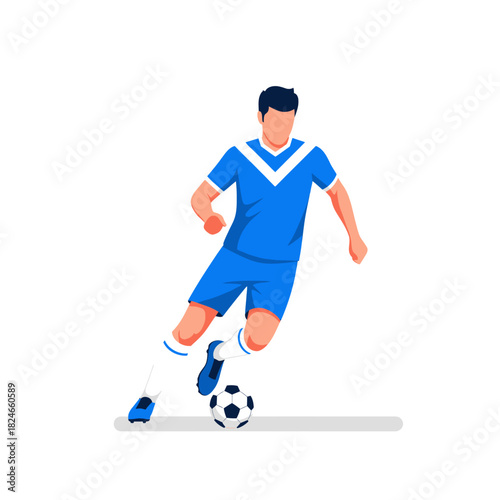 Dynamic soccer player in action, skillfully dribbling the ball across the field with speed and precision, ready to score the winning goal during a competitive sports match