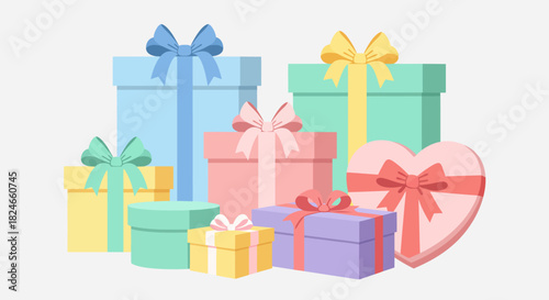 Pastel presents galore for birthdays, holidays, and celebrations, offering a charming collection of gift boxes with ribbons and bows, perfect for expressing love and appreciation for loved ones