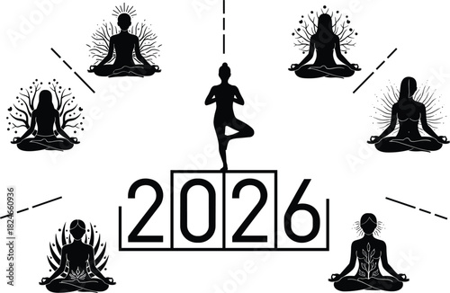 Set of yoga silhouettes around 2026 text, new year meditation concept, spiritual wellness, black vector illustration, healthy lifestyle goals