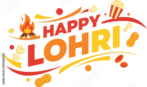 Happy Lohri festive graphic with bonfire, popcorn, peanuts, and sweets on a colorful background.
