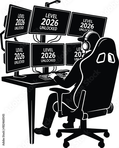 Silhouette of gamer unlocking level 2026 on six monitors, new year celebration concept, black and white vector illustration, esport gaming setup