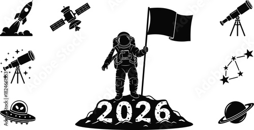 Space exploration new year 2026 concept, astronaut on moon, rocket, satellite, telescope vector icon collection, black and white silhouette set.