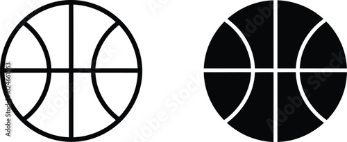 Simple graphic illustration of a basketball in two styles, outline and solid black, perfect for sports-related designs and icons.