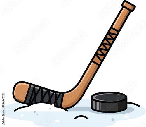 A cartoon illustration of a wooden ice hockey stick and a black puck resting on a patch of white ice.