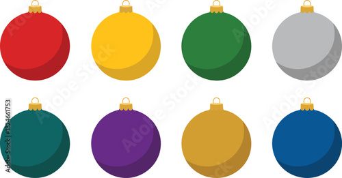 Eight colorful Christmas ornaments in a row, including red, yellow, green, silver, teal, purple, gold, and blue.