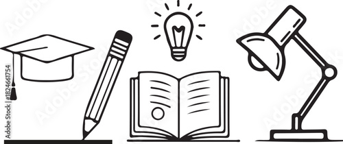 Education Icons – Book, Pencil and Light Bulb Line Art