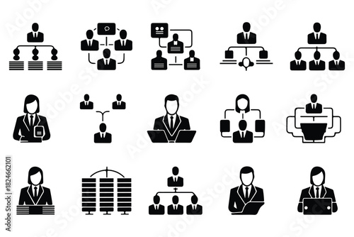 Office leadership and employee structure silhouette icons for organization workflow, A premium collection of office hierarchy silhouettes showcasing business leaders, managers and corporate staff.