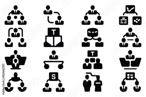 Corporate leadership office hierarchy silhouette icons for professional business visuals, A clean professional collection of leadership and office hierarchy silhouettes ideal for business presentation