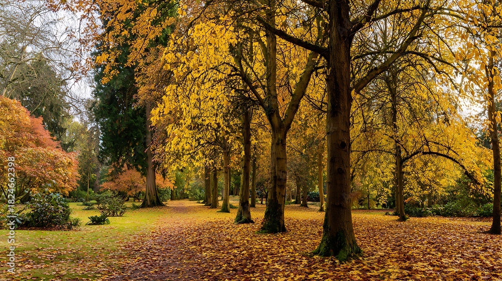 Naklejka premium Autumn park golden yellow rustic red and burnt sienna tones