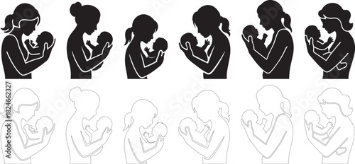 Mother and Baby Silhouette Icon Set – Maternity, Newborn Care, Motherhood Line and Solid Vector Collection