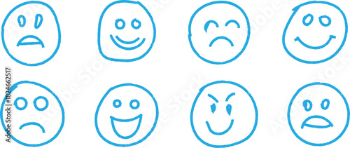 Diversity of emotional expressions with hand drawn faces in blue color