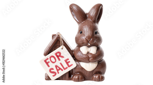Chocolate Bunny Figurine with “For Sale” Sign, Easter Candy Concept on Isolated Background