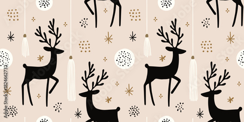 Minimal Scandinavian reindeer pattern with black deer silhouettes, tassels, stars, and abstract snow elements on a beige background. Modern Nordic winter seamless design for holiday decor and stylish 
