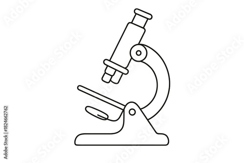Black and white line illustration of a microscope on a white background