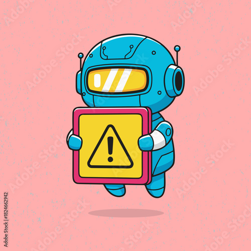 Happy cartoon robot carrying a warning placard, created in a minimal flat design with bright colors and a friendly, approachable appearance.