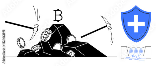 Pickaxes mining bitcoins from rocks with a shield showcasing financial protection. Ideal for cryptocurrency concepts, blockchain, finance, security, digital economy, investments, and mining